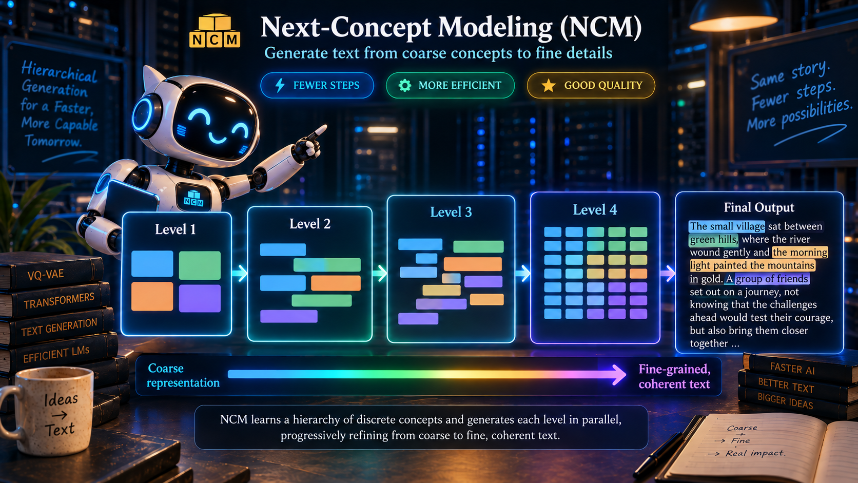 Next-Concept Modeling: from coarse ideas to coherent text. Four levels, from global ideas to details, lead to a final coherent paragraph.