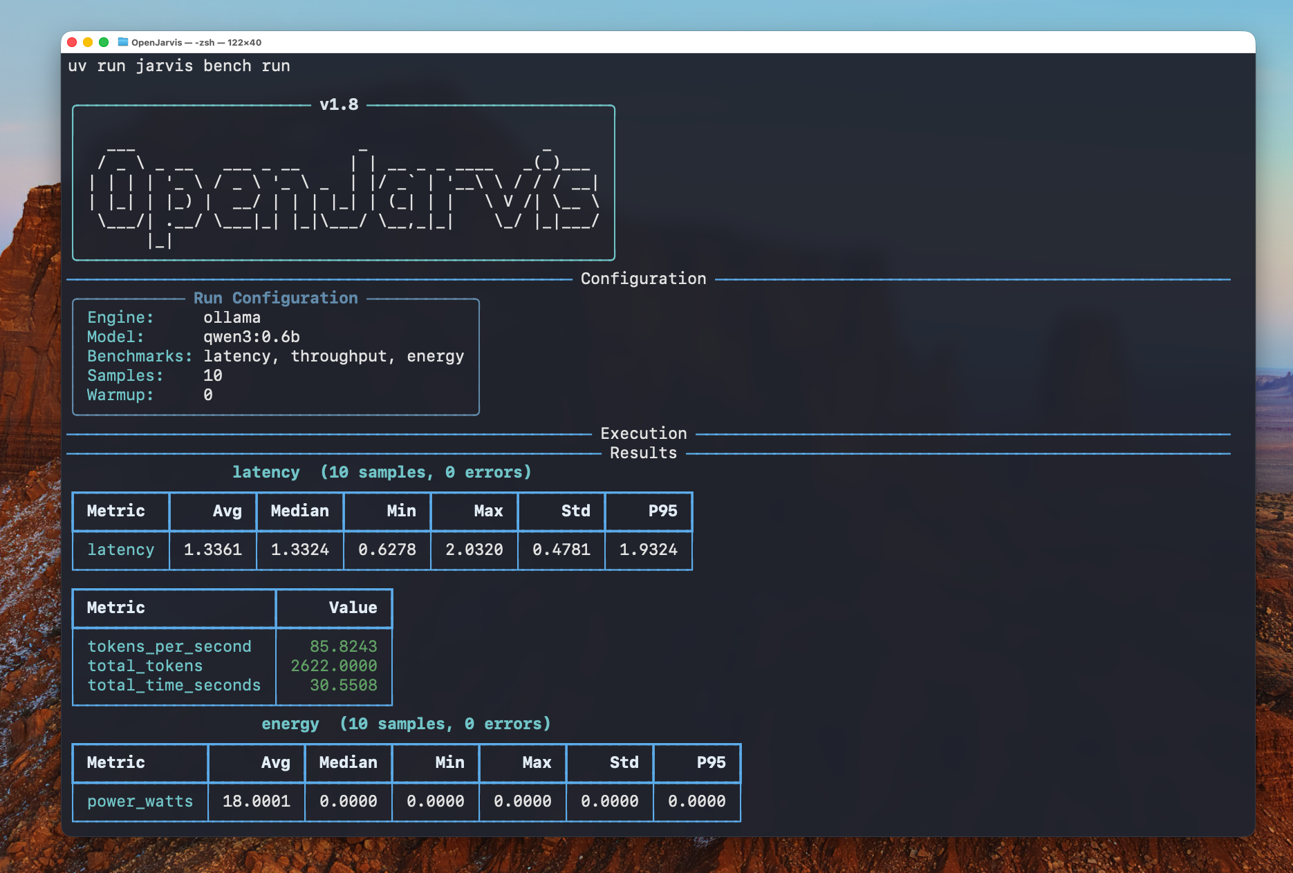OpenJarvis benchmarking CLI showing latency, throughput, and energy metrics